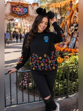 Disney Pixar Coco Embroidered Floral Skull Crewneck Sweatshirt XS